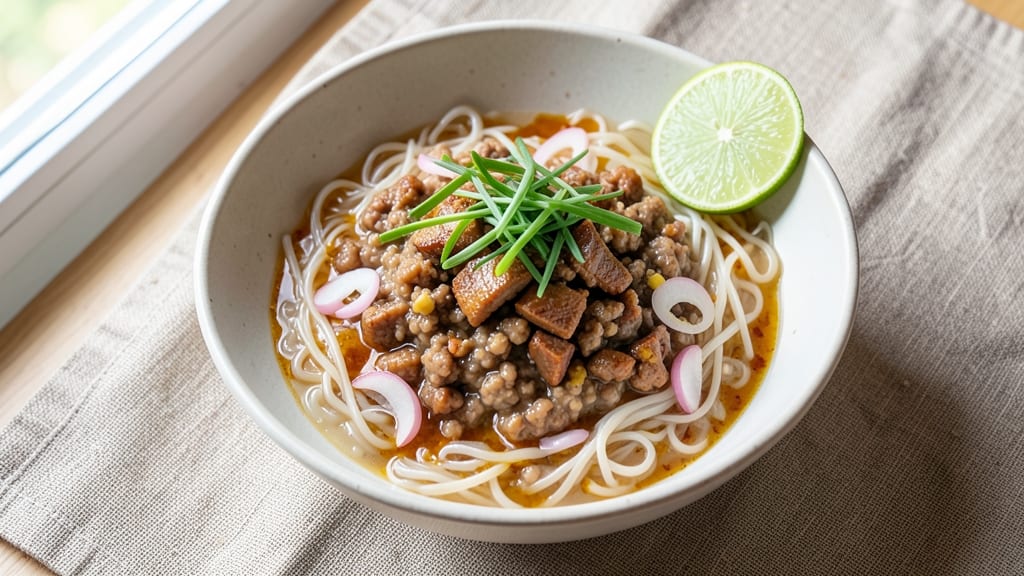 Minced Pork Porridge Recipe: Fragrant Ginger-Lime Infusion Over Silky Rice Noodles