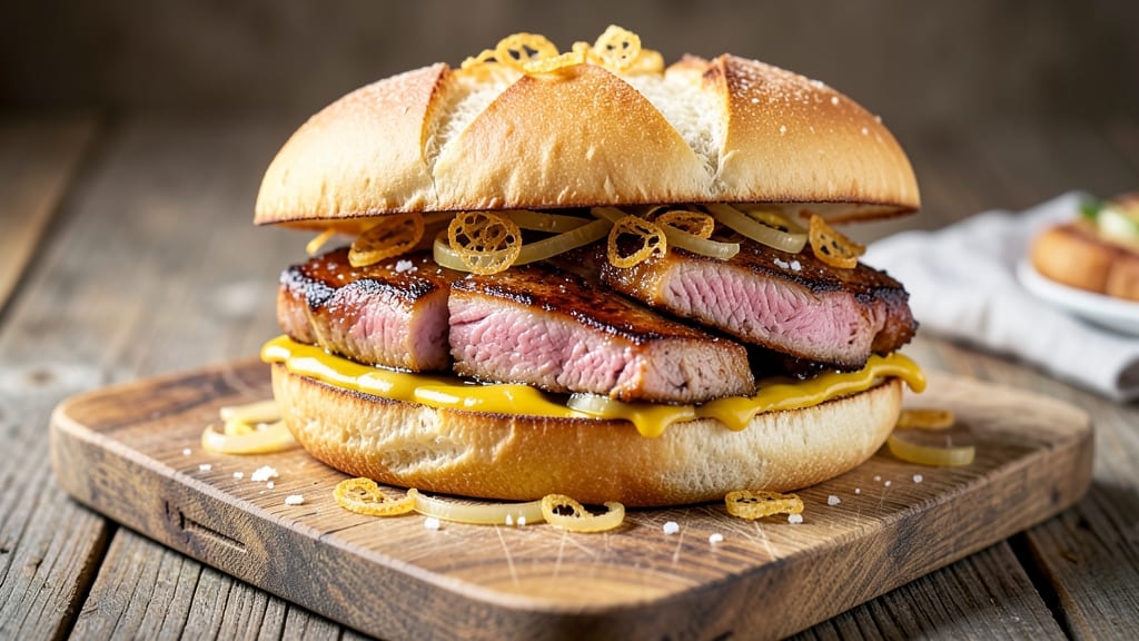 Midwest-Style Pork Tenderloin Sandwich Recipe: Smoky Mustard Glaze and Crispy Onion Rings