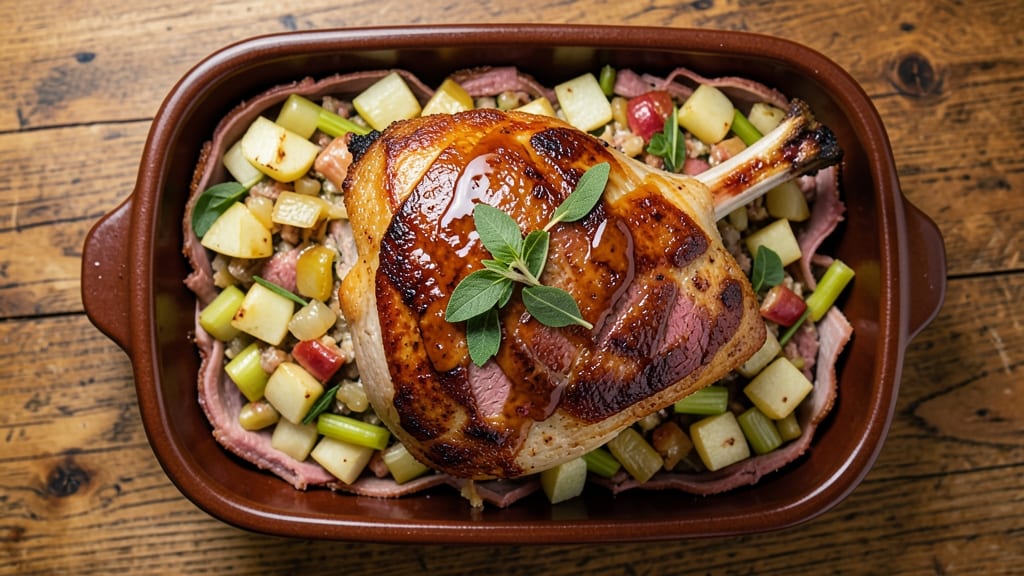 Apple Stuffed Pork Roast Recipe: Juicy Pink Centers With Crispy Celery Crowns