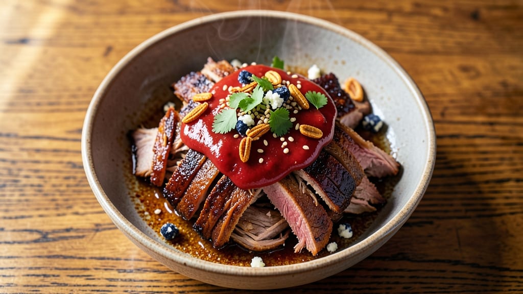 4 Rivers Pulled Pork Recipe: Smoky Tomato-Chipotle Velout with Crispy Celery Crowns