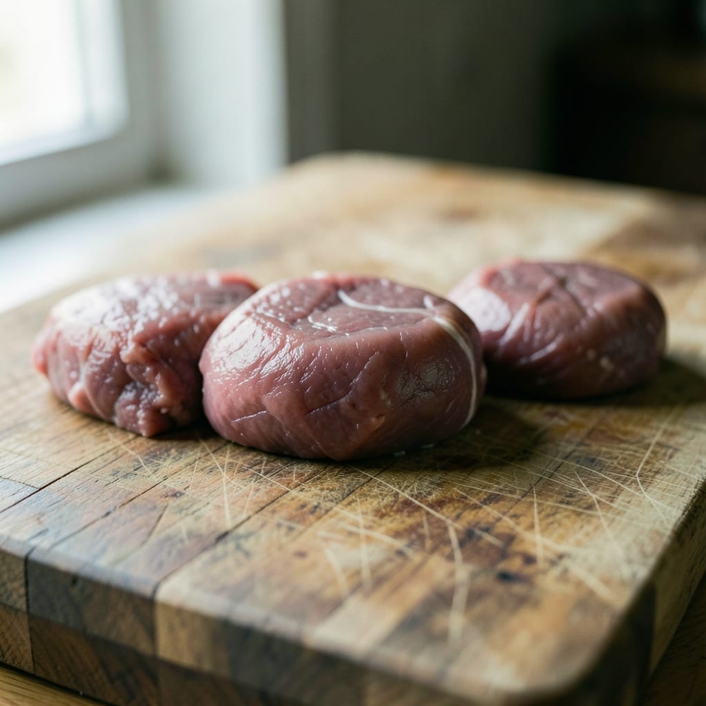 Three chops of different thickness, ready to be tested