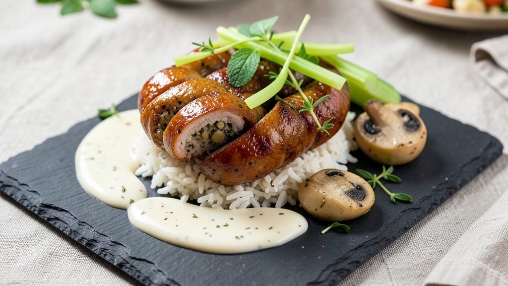 AIP Pork Sausage Recipe: Celery Crown Crunch Over Herb-Infused Velouté
